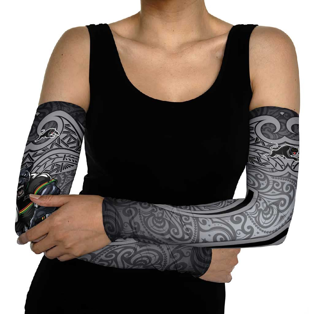 Penrith Panthers Rugby Arm Sleeves Polynesian Tribal Panther Warrior Black Grey Pattern