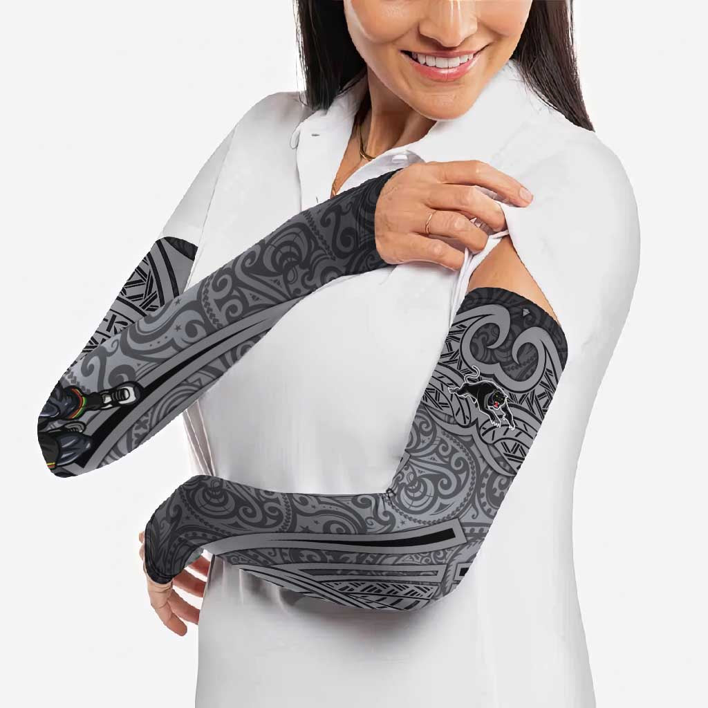 Penrith Panthers Rugby Arm Sleeves Polynesian Tribal Panther Warrior Black Grey Pattern