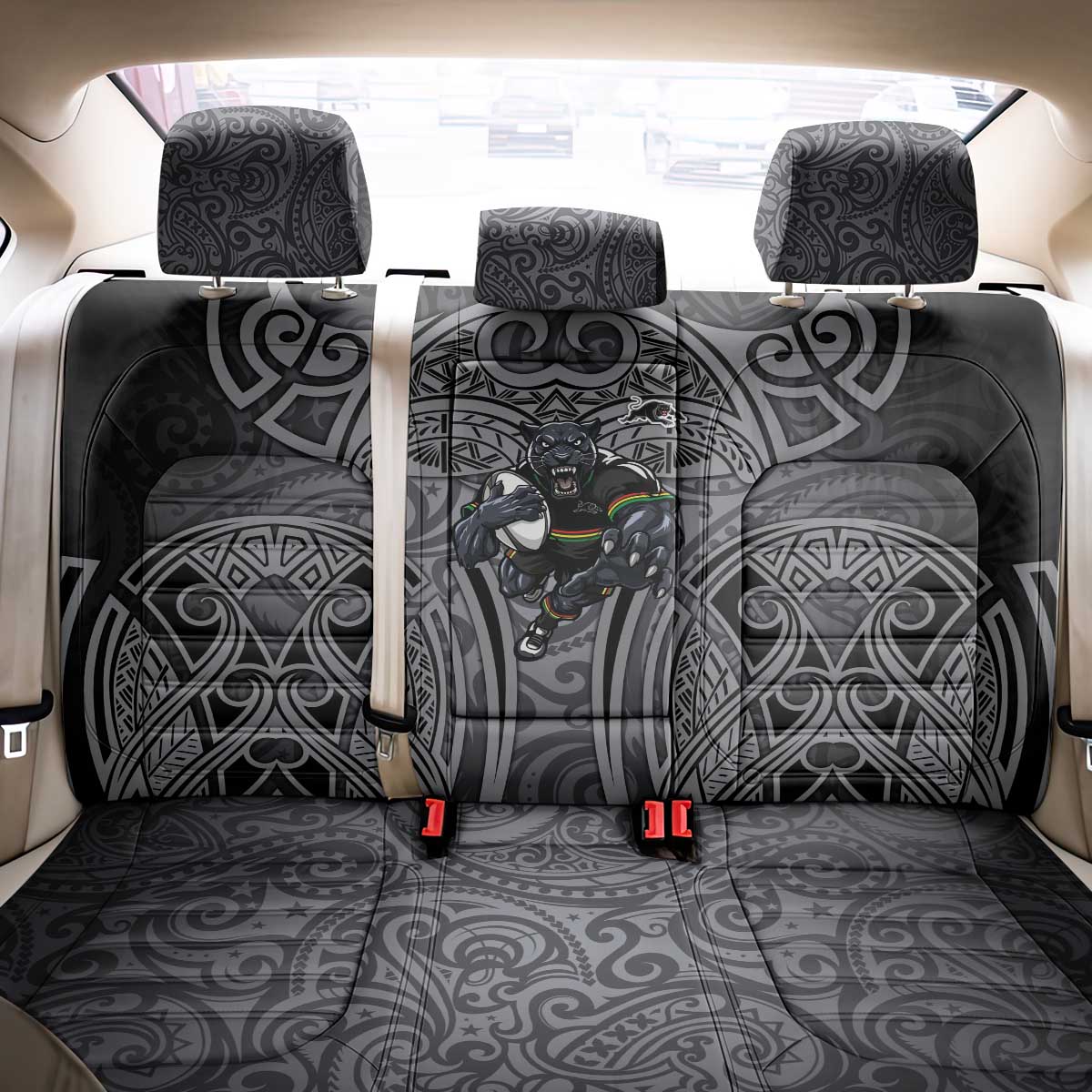 Penrith Panthers Rugby Back Car Seat Cover Polynesian Tribal Panther Warrior Black Grey Pattern