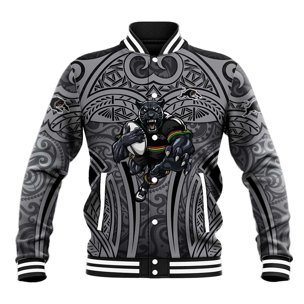Penrith Panthers Rugby Baseball Jacket Polynesian Tribal Panther Warrior Black Grey Pattern