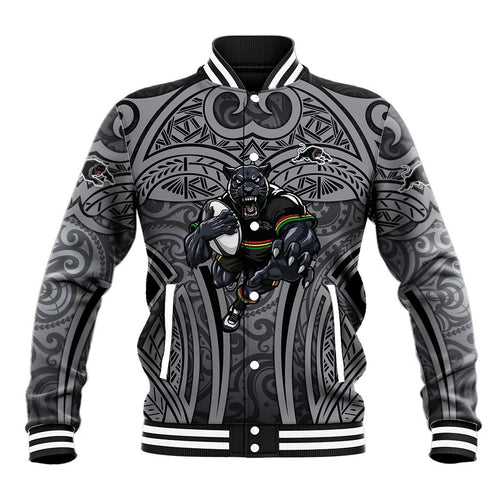 Penrith Panthers Rugby Baseball Jacket Polynesian Tribal Panther Warrior Black Grey Pattern