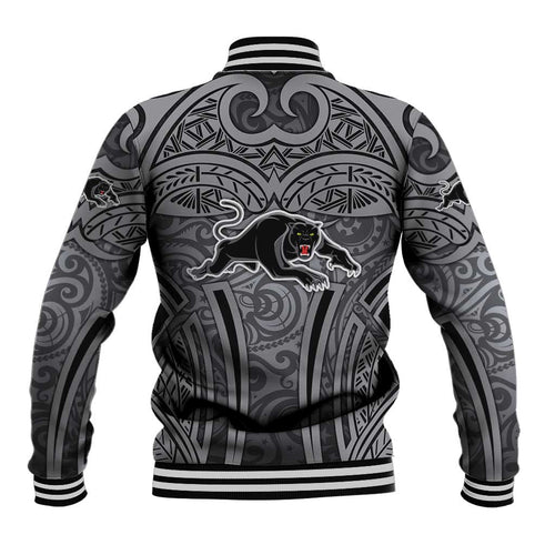 Penrith Panthers Rugby Baseball Jacket Polynesian Tribal Panther Warrior Black Grey Pattern