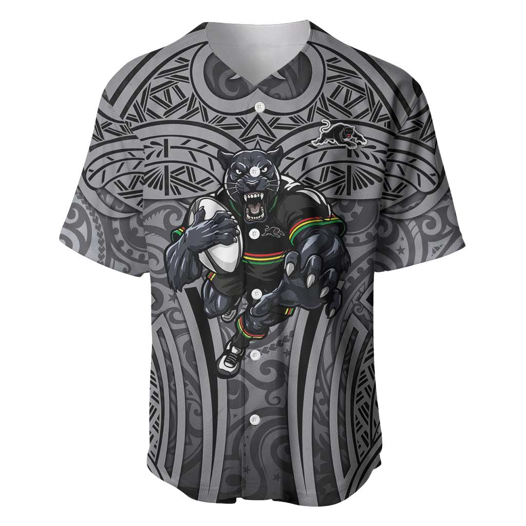 Penrith Panthers Rugby Baseball Jersey Polynesian Tribal Panther Warrior Black Grey Pattern