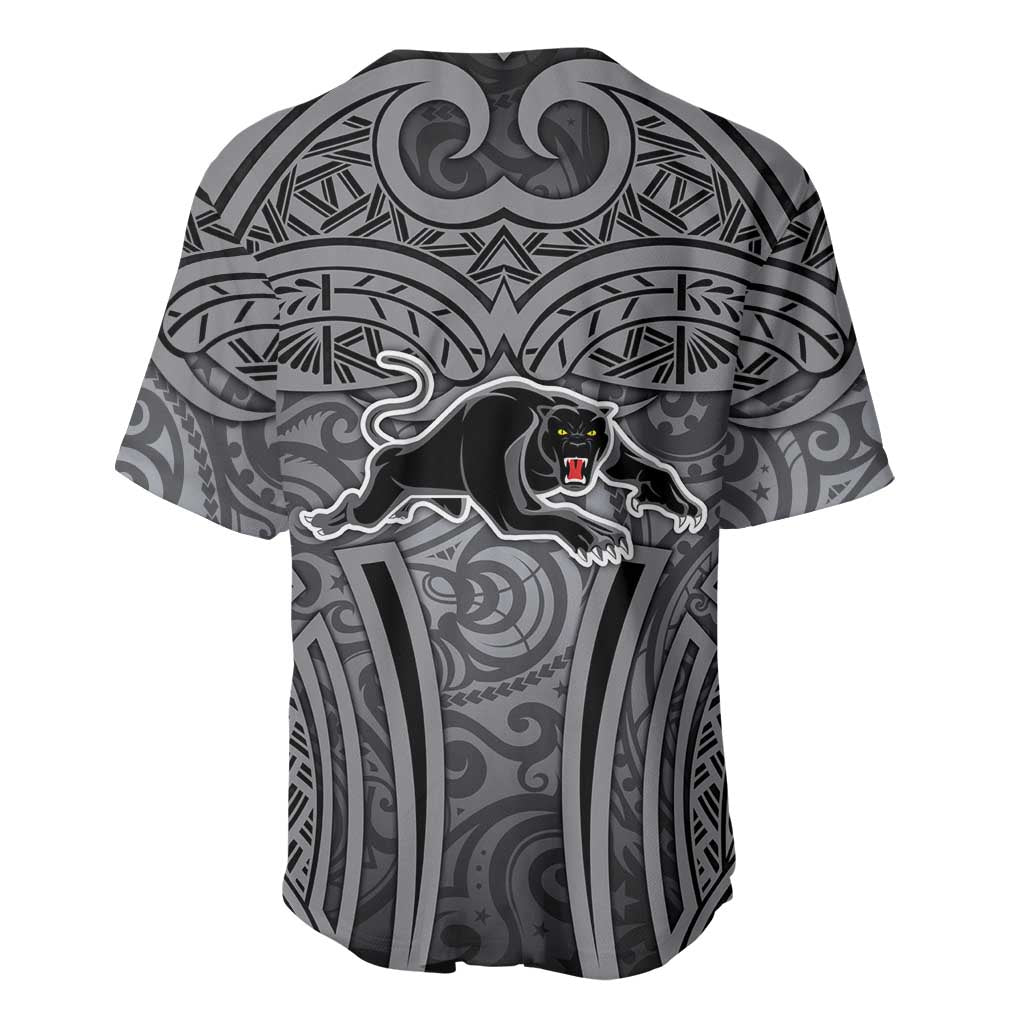 Penrith Panthers Rugby Baseball Jersey Polynesian Tribal Panther Warrior Black Grey Pattern