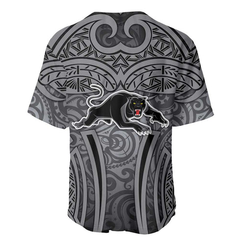 Penrith Panthers Rugby Baseball Jersey Polynesian Tribal Panther Warrior Black Grey Pattern