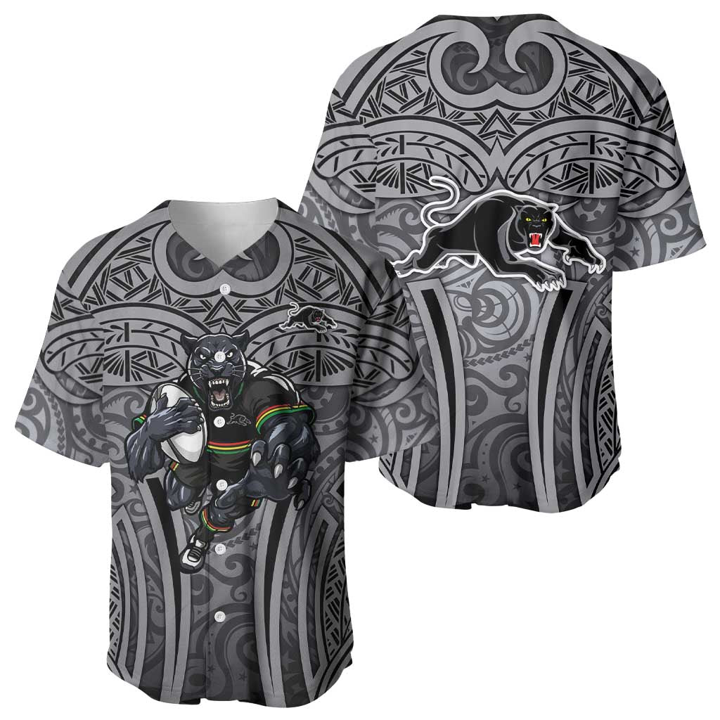 Penrith Panthers Rugby Baseball Jersey Polynesian Tribal Panther Warrior Black Grey Pattern