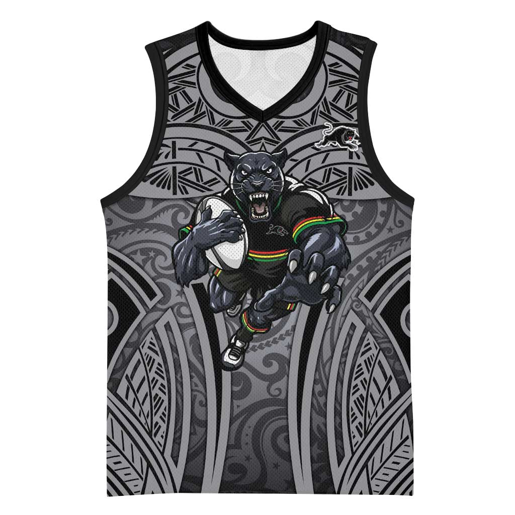 Penrith Panthers Rugby Basketball Jersey Polynesian Tribal Panther Warrior Black Grey Pattern