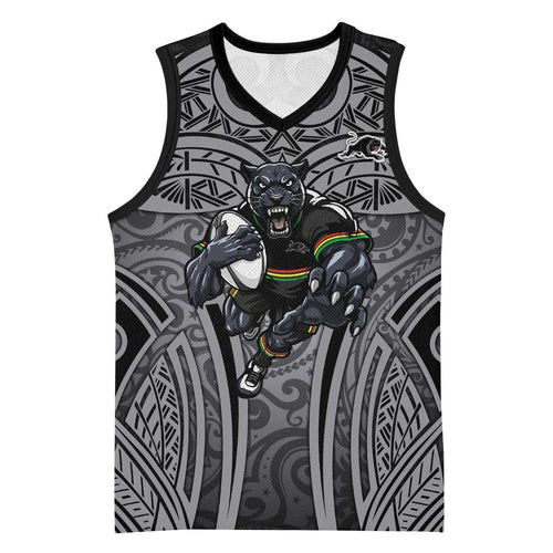 Penrith Panthers Rugby Basketball Jersey Polynesian Tribal Panther Warrior Black Grey Pattern