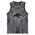 Penrith Panthers Rugby Basketball Jersey Polynesian Tribal Panther Warrior Black Grey Pattern