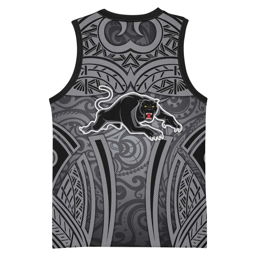 Penrith Panthers Rugby Basketball Jersey Polynesian Tribal Panther Warrior Black Grey Pattern