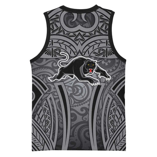 Penrith Panthers Rugby Basketball Jersey Polynesian Tribal Panther Warrior Black Grey Pattern