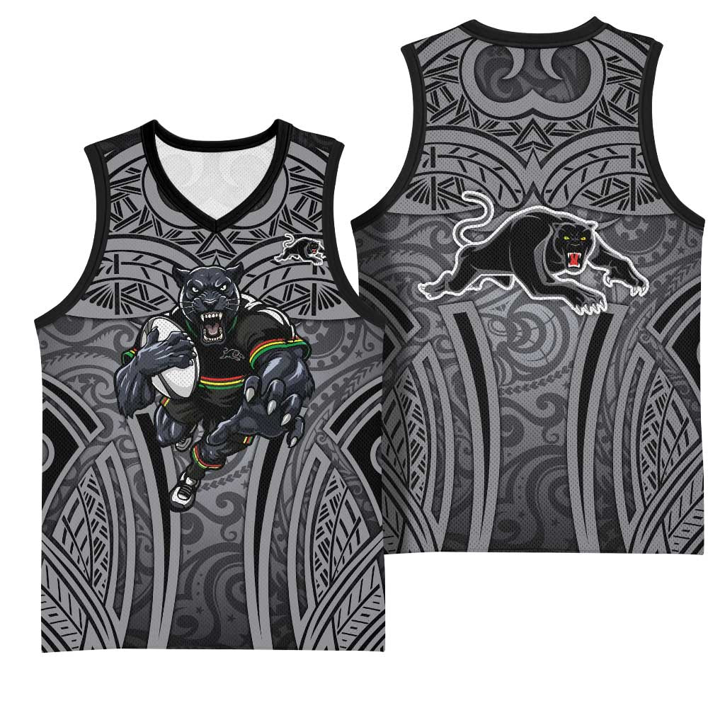Penrith Panthers Rugby Basketball Jersey Polynesian Tribal Panther Warrior Black Grey Pattern