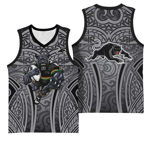 Penrith Panthers Rugby Basketball Jersey Polynesian Tribal Panther Warrior Black Grey Pattern