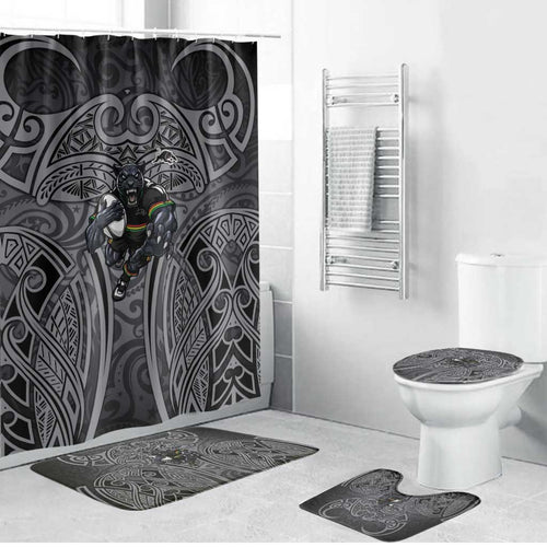 Penrith Panthers Rugby Bathroom Set Polynesian Tribal Panther Warrior Black Grey Pattern