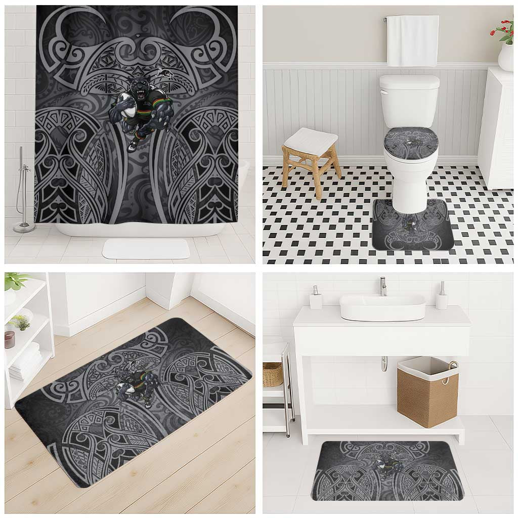 Penrith Panthers Rugby Bathroom Set Polynesian Tribal Panther Warrior Black Grey Pattern