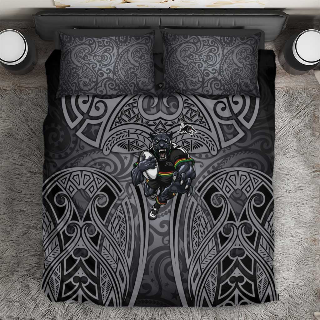 Penrith Panthers Rugby Bedding Set Polynesian Tribal Panther Warrior Black Grey Pattern