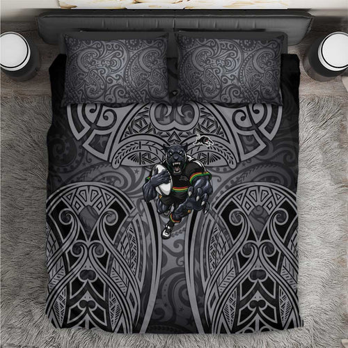 Penrith Panthers Rugby Bedding Set Polynesian Tribal Panther Warrior Black Grey Pattern