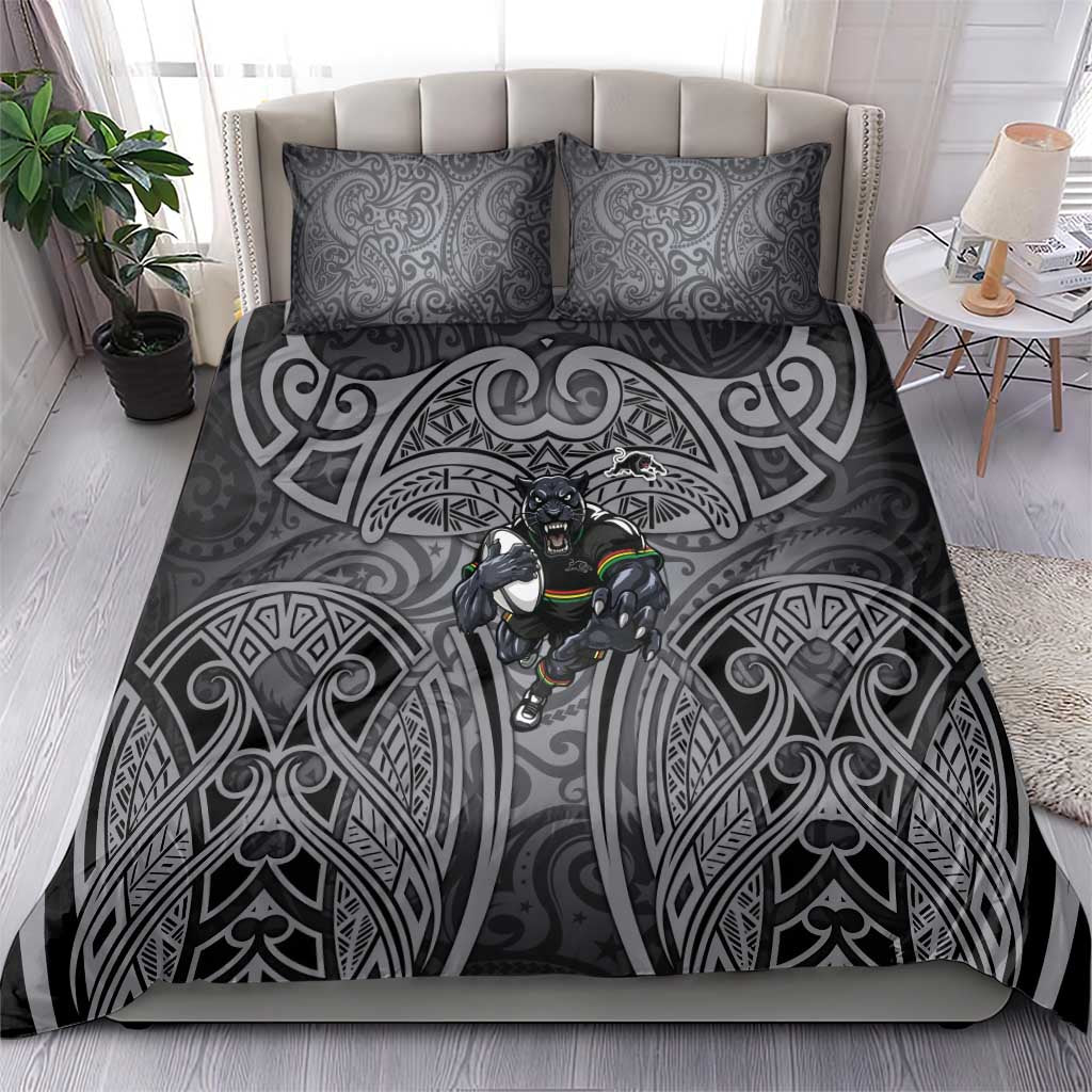 Penrith Panthers Rugby Bedding Set Polynesian Tribal Panther Warrior Black Grey Pattern