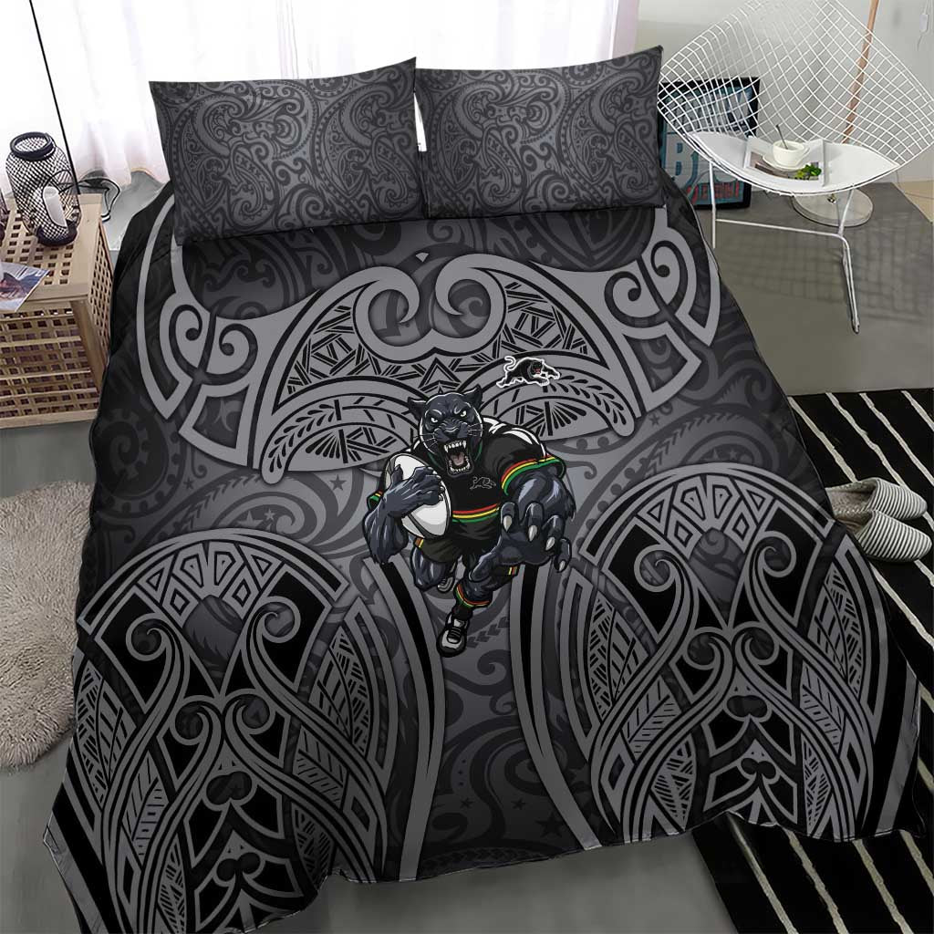 Penrith Panthers Rugby Bedding Set Polynesian Tribal Panther Warrior Black Grey Pattern