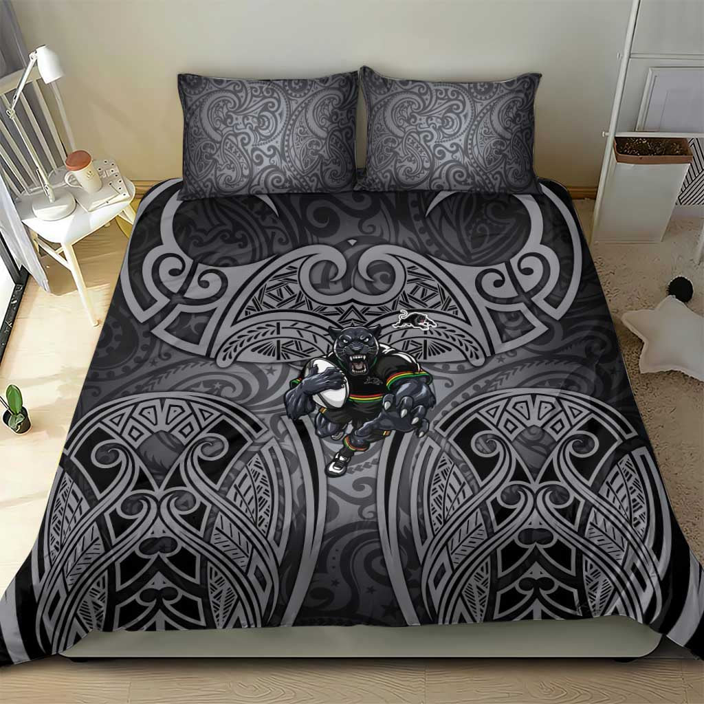 Penrith Panthers Rugby Bedding Set Polynesian Tribal Panther Warrior Black Grey Pattern