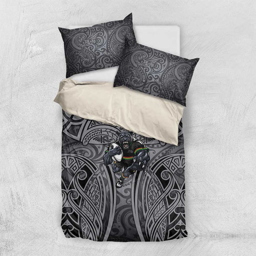 Penrith Panthers Rugby Bedding Set Polynesian Tribal Panther Warrior Black Grey Pattern