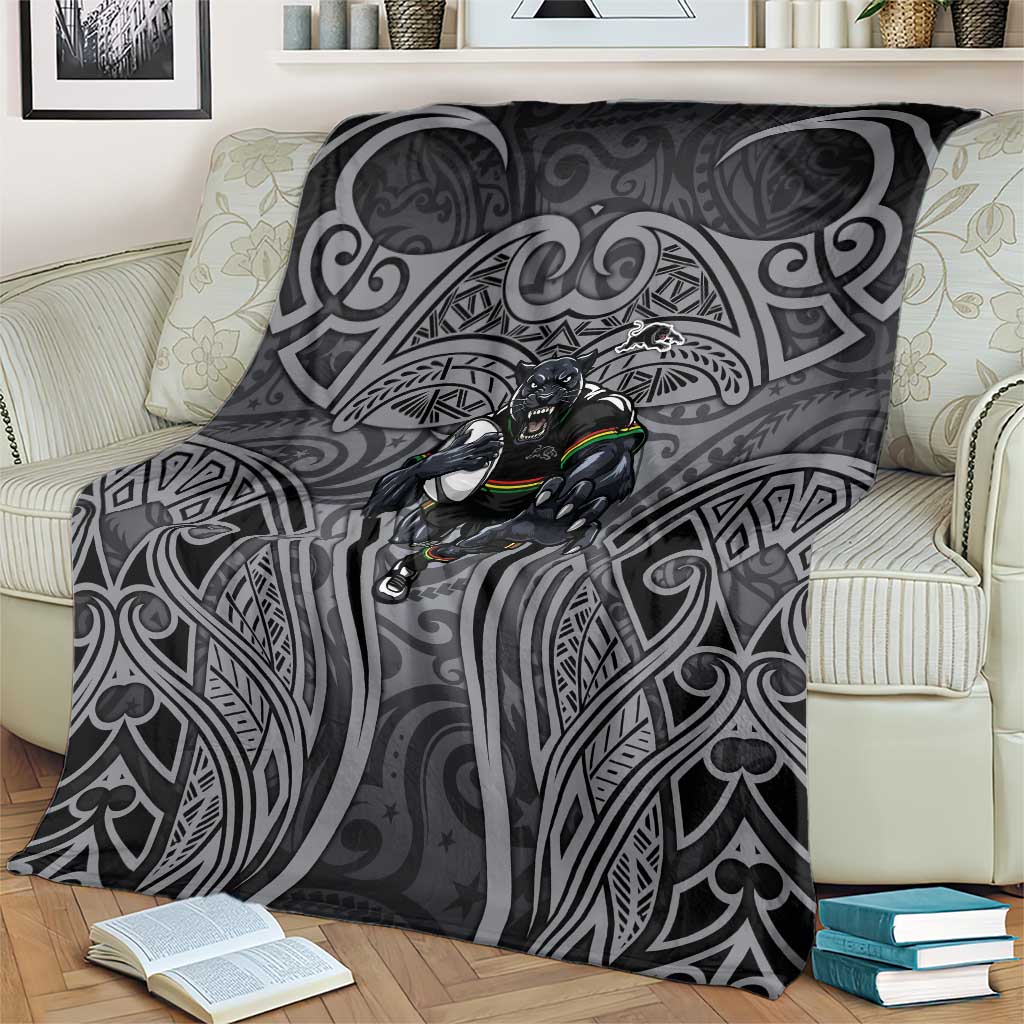 Penrith Panthers Rugby Blanket Polynesian Tribal Panther Warrior Black Grey Pattern