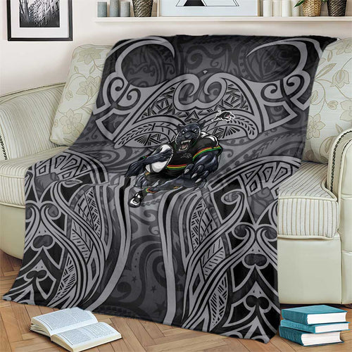 Penrith Panthers Rugby Blanket Polynesian Tribal Panther Warrior Black Grey Pattern