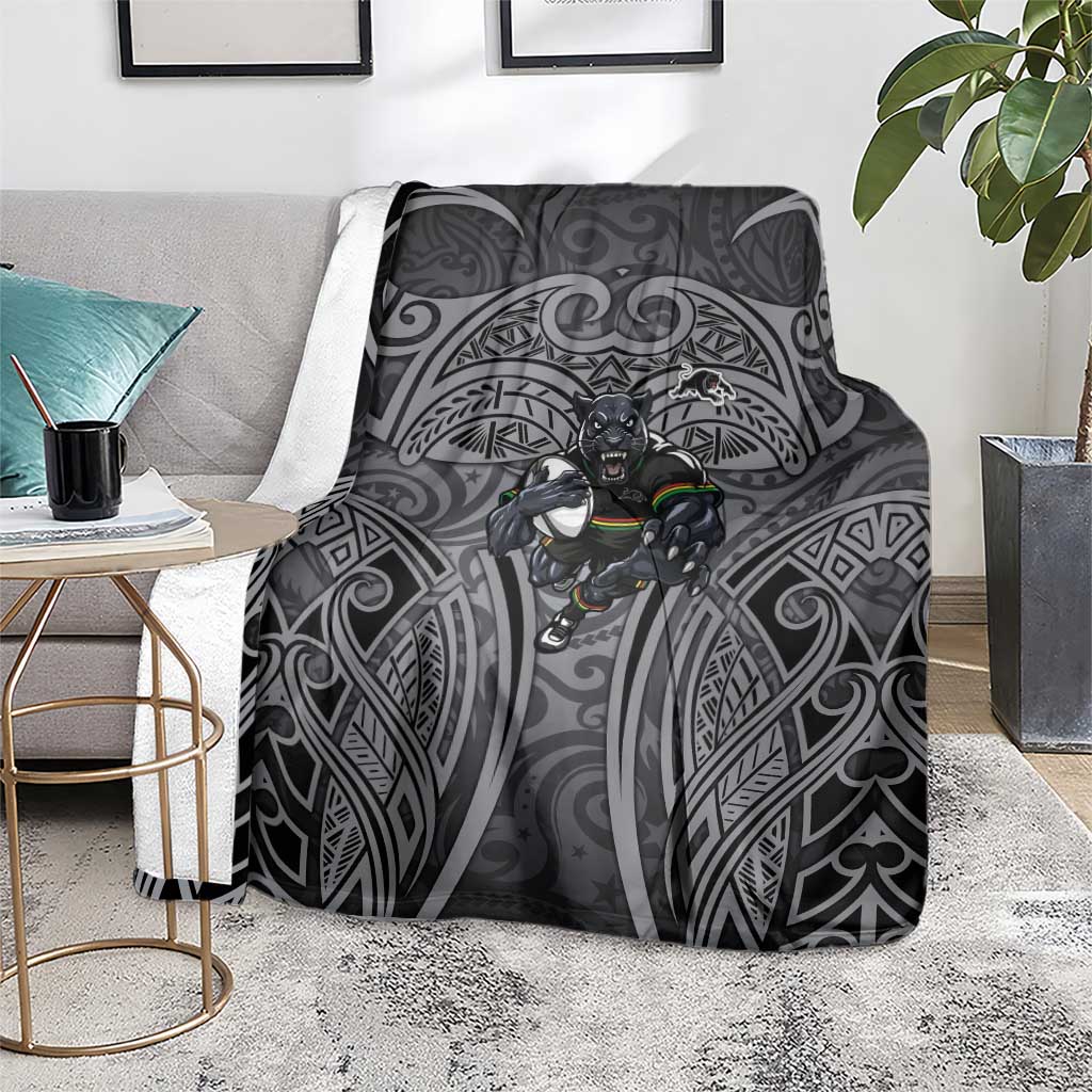 Penrith Panthers Rugby Blanket Polynesian Tribal Panther Warrior Black Grey Pattern