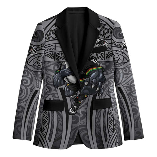 Penrith Panthers Rugby Blazer Polynesian Tribal Panther Warrior Black Grey Pattern