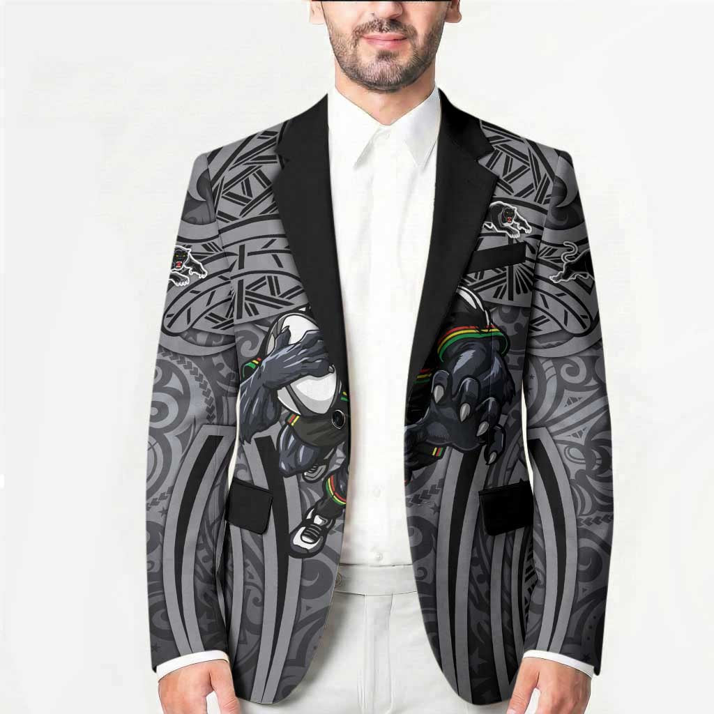 Penrith Panthers Rugby Blazer Polynesian Tribal Panther Warrior Black Grey Pattern