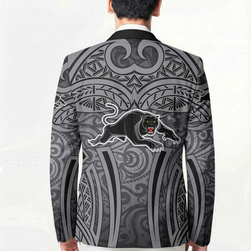 Penrith Panthers Rugby Blazer Polynesian Tribal Panther Warrior Black Grey Pattern