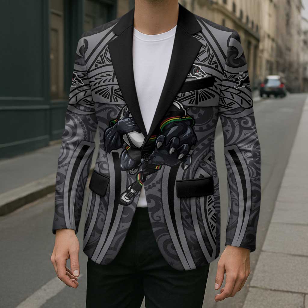 Penrith Panthers Rugby Blazer Polynesian Tribal Panther Warrior Black Grey Pattern