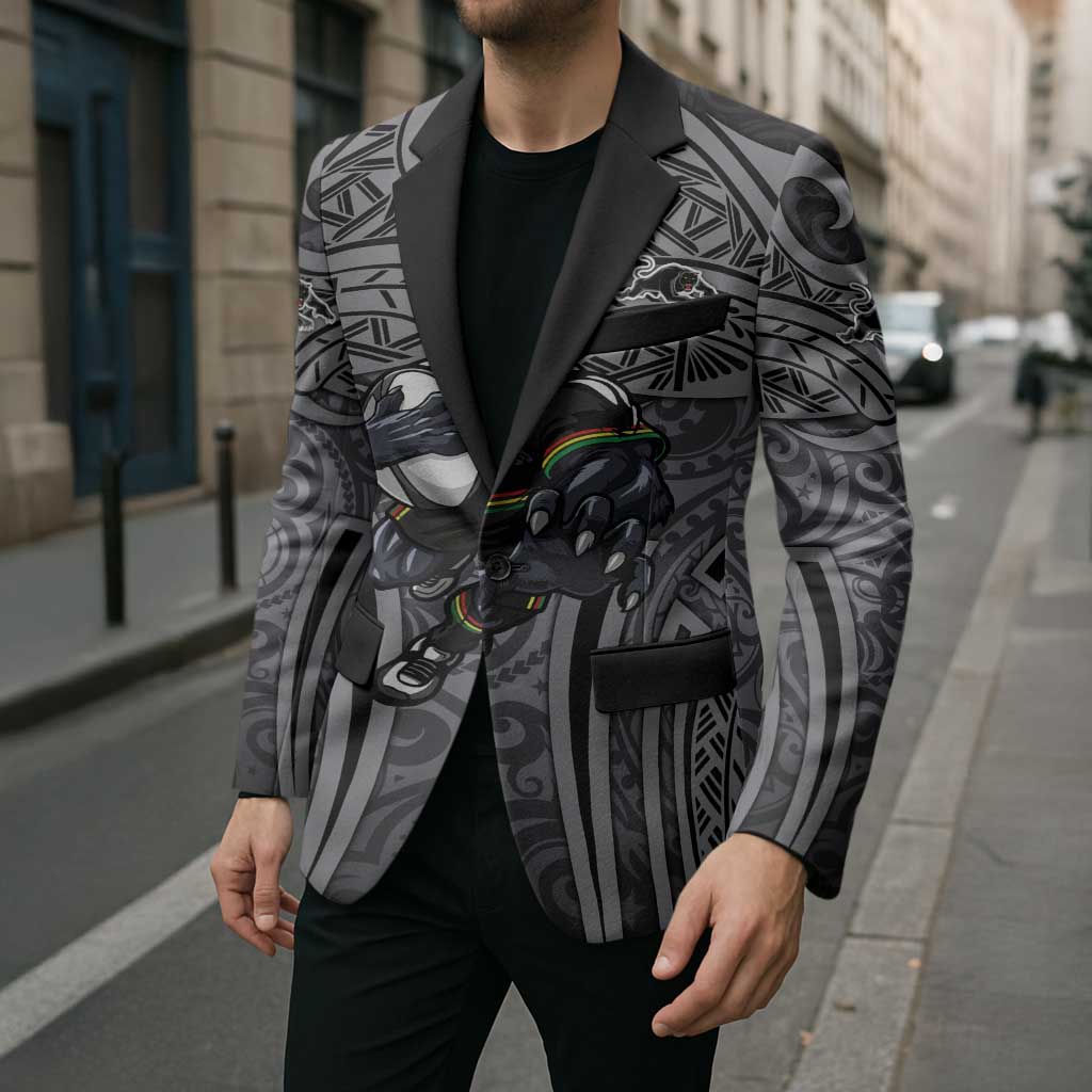 Penrith Panthers Rugby Blazer Polynesian Tribal Panther Warrior Black Grey Pattern
