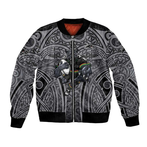 Penrith Panthers Rugby Bomber Jacket Polynesian Tribal Panther Warrior Black Grey Pattern
