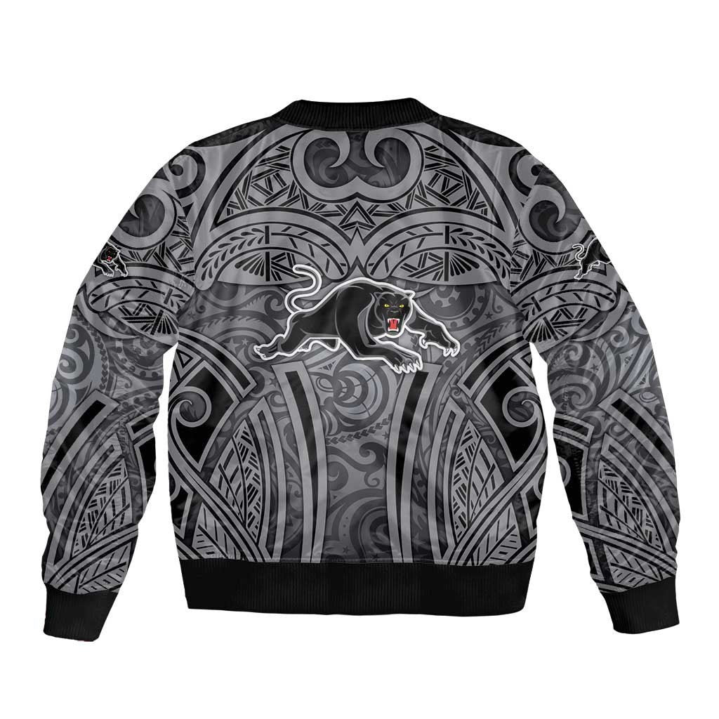 Penrith Panthers Rugby Bomber Jacket Polynesian Tribal Panther Warrior Black Grey Pattern