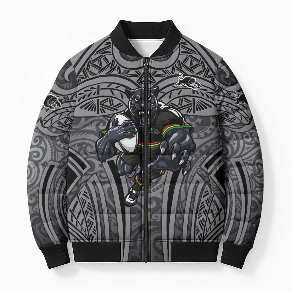 Penrith Panthers Rugby Bomber Puffer Jacket Polynesian Tribal Panther Warrior Black Grey Pattern