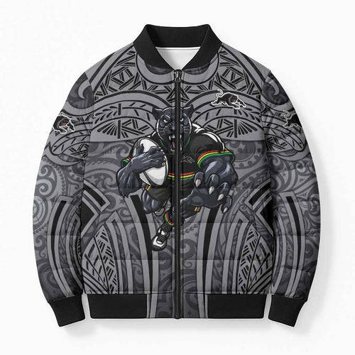 Penrith Panthers Rugby Bomber Puffer Jacket Polynesian Tribal Panther Warrior Black Grey Pattern