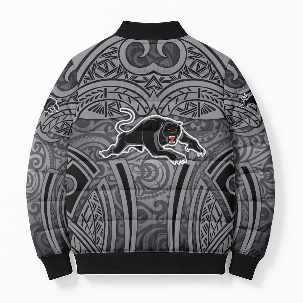 Penrith Panthers Rugby Bomber Puffer Jacket Polynesian Tribal Panther Warrior Black Grey Pattern
