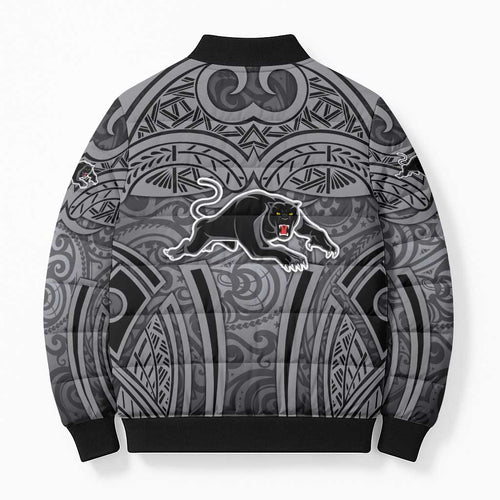 Penrith Panthers Rugby Bomber Puffer Jacket Polynesian Tribal Panther Warrior Black Grey Pattern