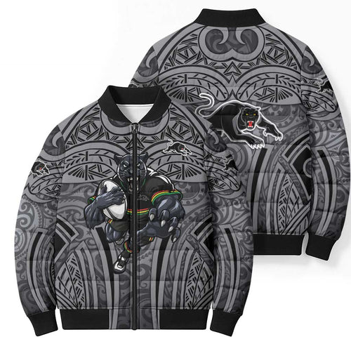 Penrith Panthers Rugby Bomber Puffer Jacket Polynesian Tribal Panther Warrior Black Grey Pattern