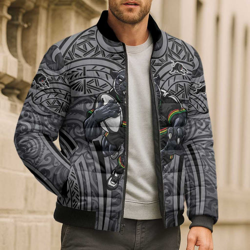 Penrith Panthers Rugby Bomber Puffer Jacket Polynesian Tribal Panther Warrior Black Grey Pattern