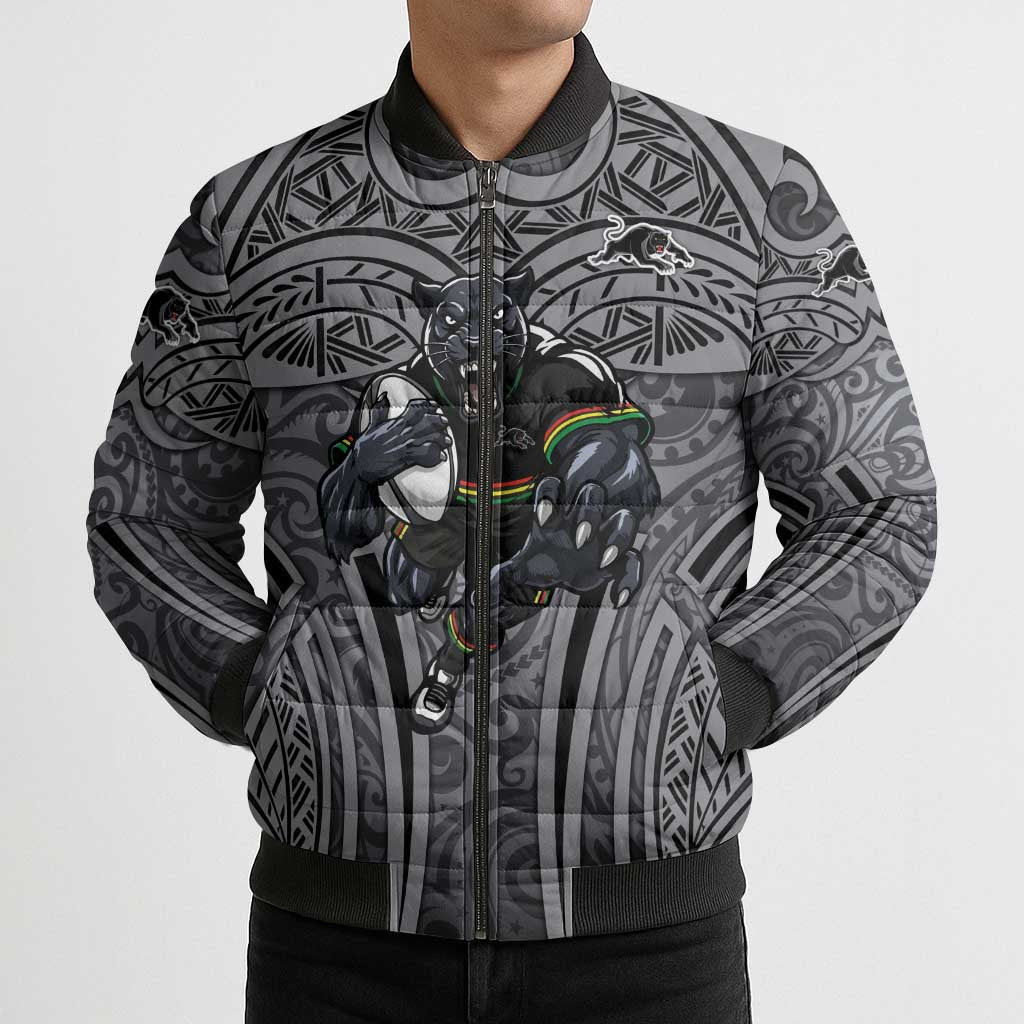 Penrith Panthers Rugby Bomber Puffer Jacket Polynesian Tribal Panther Warrior Black Grey Pattern