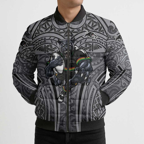 Penrith Panthers Rugby Bomber Puffer Jacket Polynesian Tribal Panther Warrior Black Grey Pattern