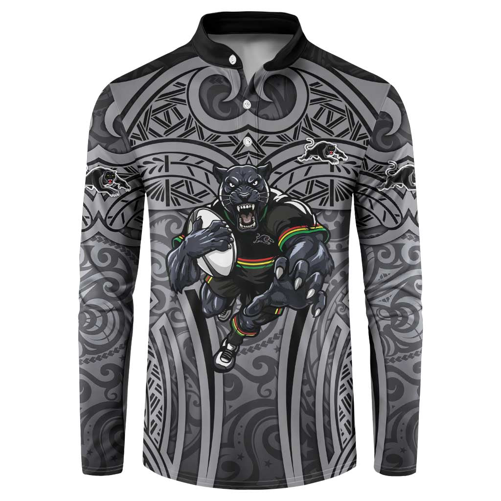 Penrith Panthers Rugby Button Sweatshirt Polynesian Tribal Panther Warrior Black Grey Pattern