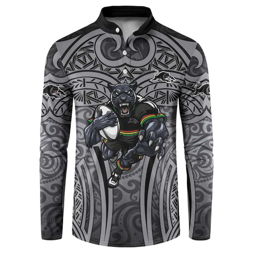 Penrith Panthers Rugby Button Sweatshirt Polynesian Tribal Panther Warrior Black Grey Pattern