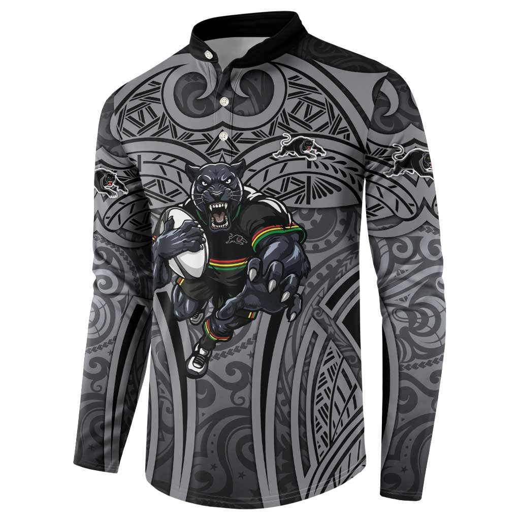 Penrith Panthers Rugby Button Sweatshirt Polynesian Tribal Panther Warrior Black Grey Pattern
