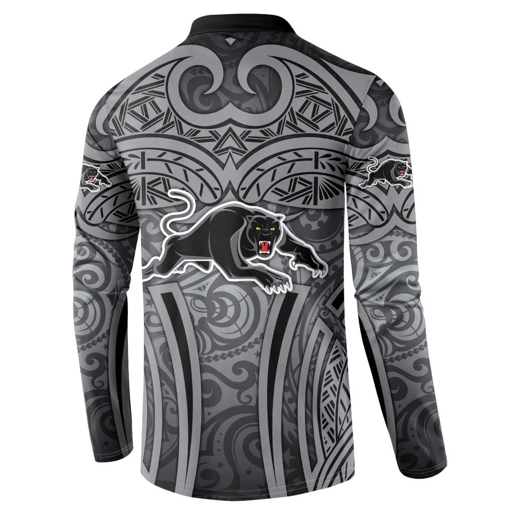 Penrith Panthers Rugby Button Sweatshirt Polynesian Tribal Panther Warrior Black Grey Pattern