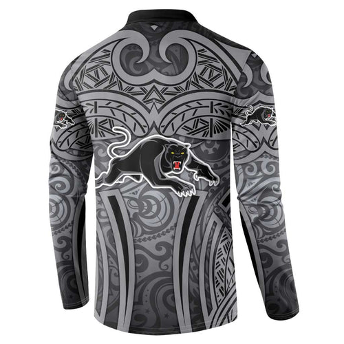Penrith Panthers Rugby Button Sweatshirt Polynesian Tribal Panther Warrior Black Grey Pattern
