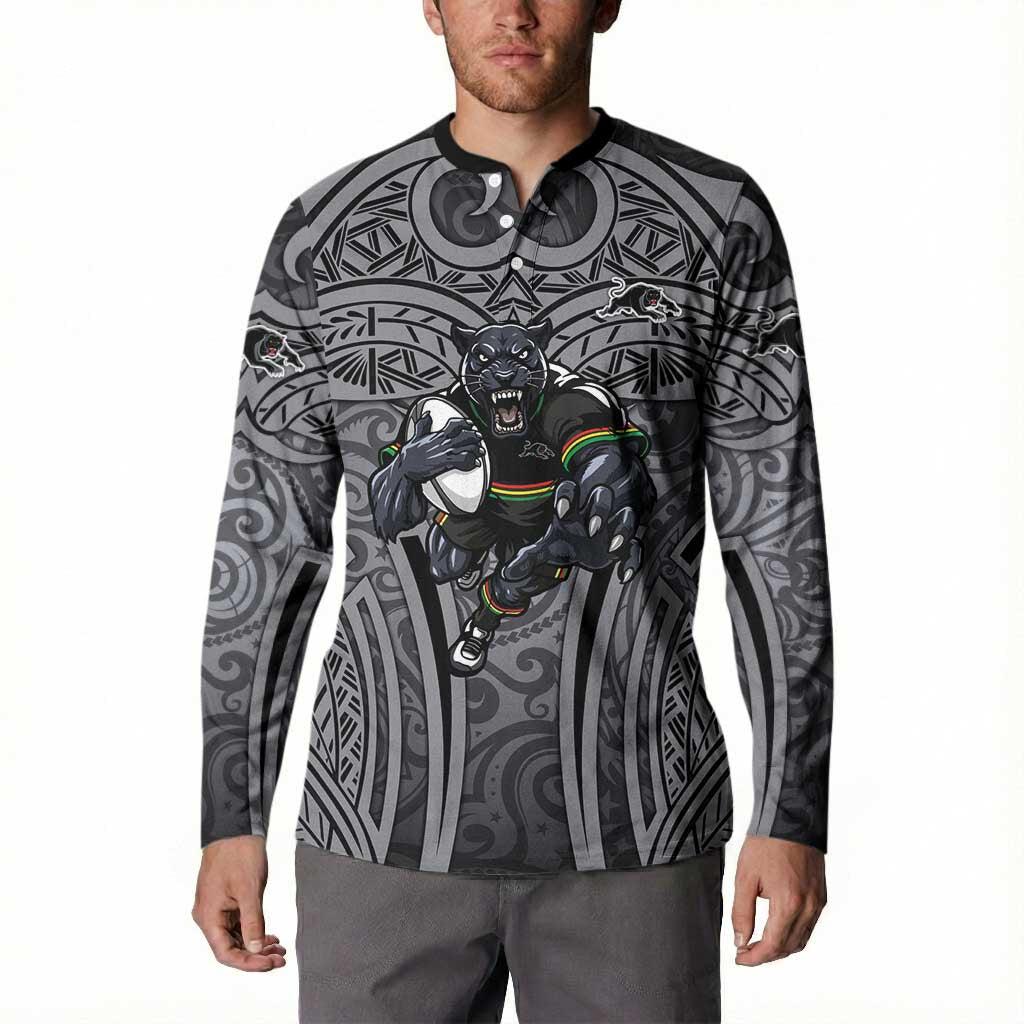 Penrith Panthers Rugby Button Sweatshirt Polynesian Tribal Panther Warrior Black Grey Pattern