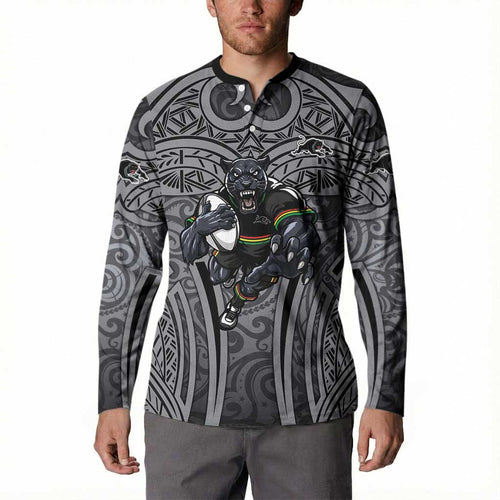 Penrith Panthers Rugby Button Sweatshirt Polynesian Tribal Panther Warrior Black Grey Pattern